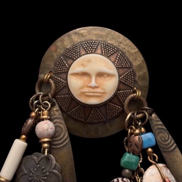 VTG RARE TABRA TALISMAN STERLING SILVER SUN GOD CARVED MOON  Rare Vintage Artisan Sun God Talisman Brass Beaded Chain Brooch